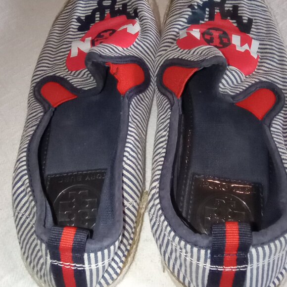 Tory Burch Mon Amour Espadrille Flats Heart Sailor Navy Blue Red Stripe 6M - Picture 6 of 16